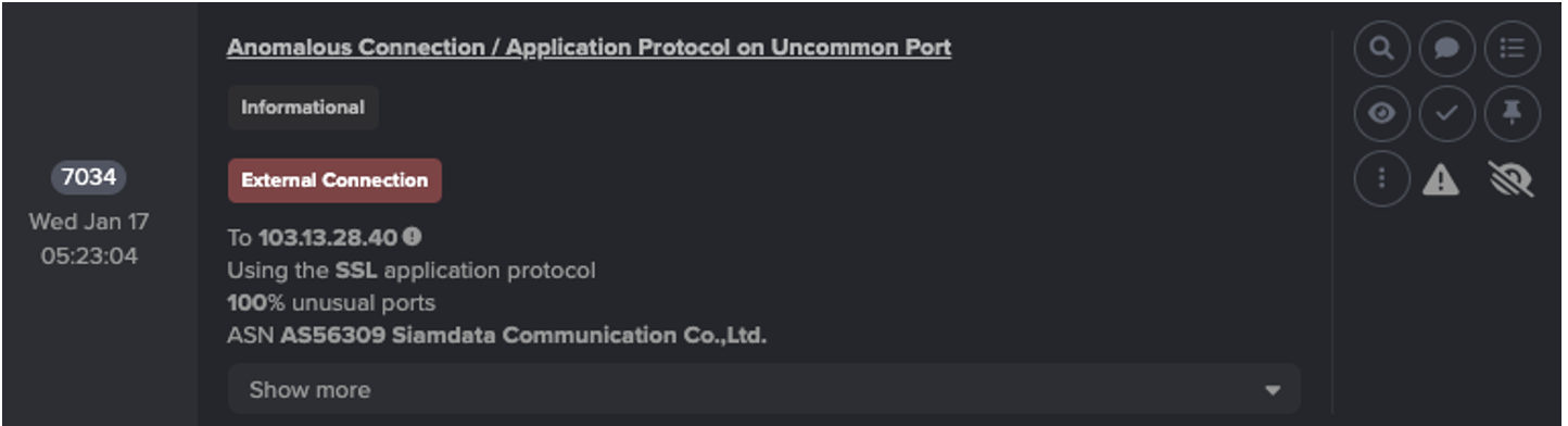  Figure 2: Model Breach Event Log displaying details pertaining to the ‘Application Protocol on Uncommon Port’ DETECT model breach, including the 100% rarity of the port usage.